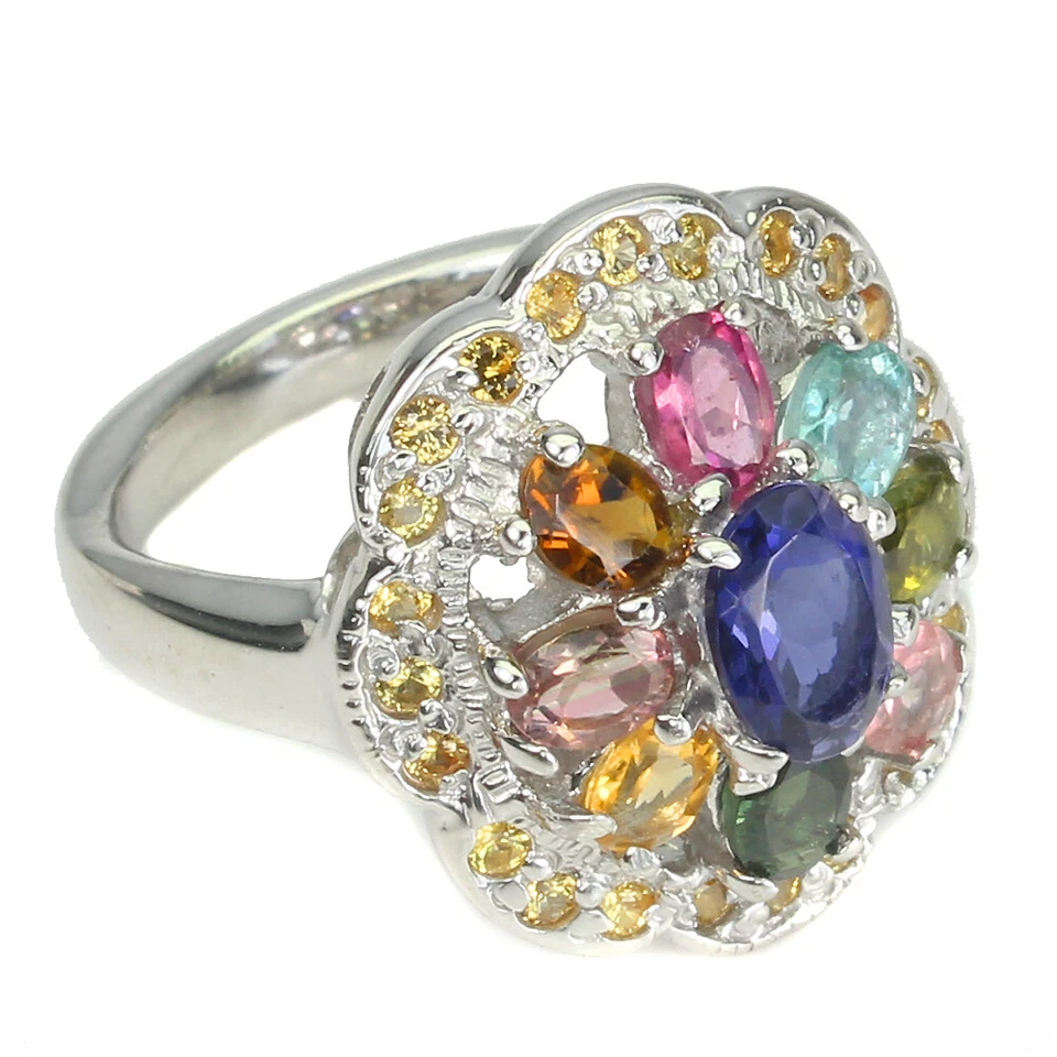 Anillo de plata de ley 925 ovalado zafiro iolita turmalina piedras preciosas joyería talla 7 Foto 3 de 4