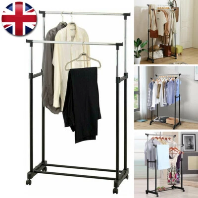 DOUBLE CLOTHES COAT RAIL GARMENT DRESS HANGING DISPLAY STAND SHOE RACK W/ WHEELS
