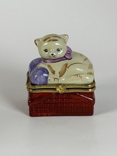 Porcelain Cat Sitting On Basket Trinket Box Hinged Lid 3” Height