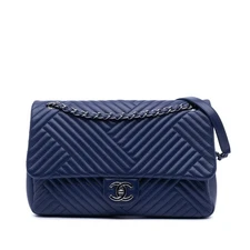 Authenticated Chanel Large Lambskin CC Crossing Flap Blue