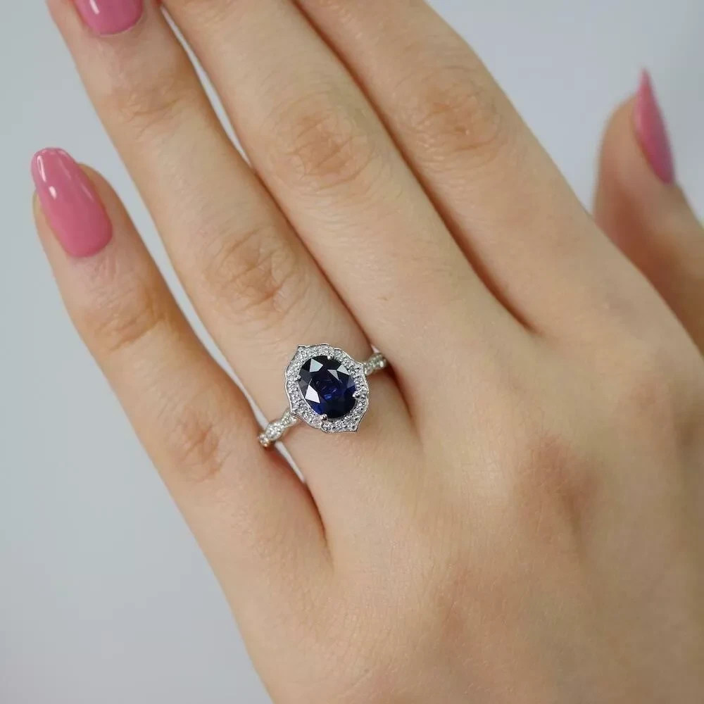 3.40 Ct Oval Natural Sapphire Diamond Engagement Ring 14K Real White Gold Size 7