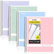 Spiral Notebooks College Ruled, 1-Subject, 4 Pack, 8 X 10-1/2 In, 70 Sheets, 3-H