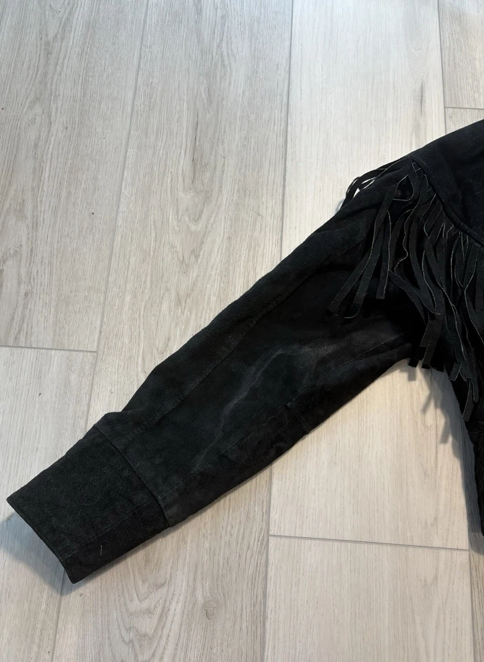 Chaqueta de Colección Años 80 CHIA Negra Gamuza Flecos Para Mujer Western Recortada Boho Mediana Foto 4 de 4