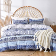 Boho Blue Queen Duvet Cover Set - Soft Floral Striped Microfiber Bedding