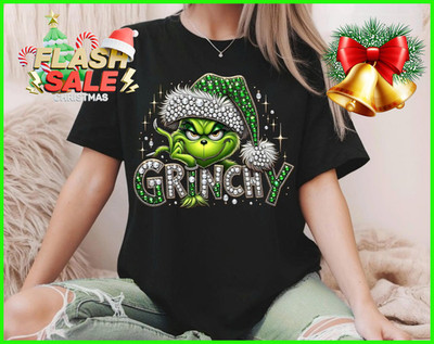 Grinch Christmas Tee With Sparkly Bling Effect Funny Holiday Graphic Tee SN47P