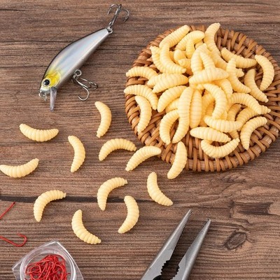 50PCS Realistic Lures - Soft Worm & Maggot Baits for Bass & Ice Fishing