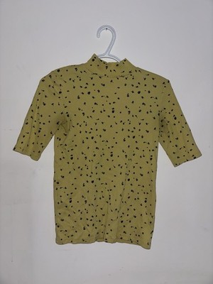 HEMA Yellow Floral Ribbed Mock Neck Top Women s Small Stretch Short Sleeve