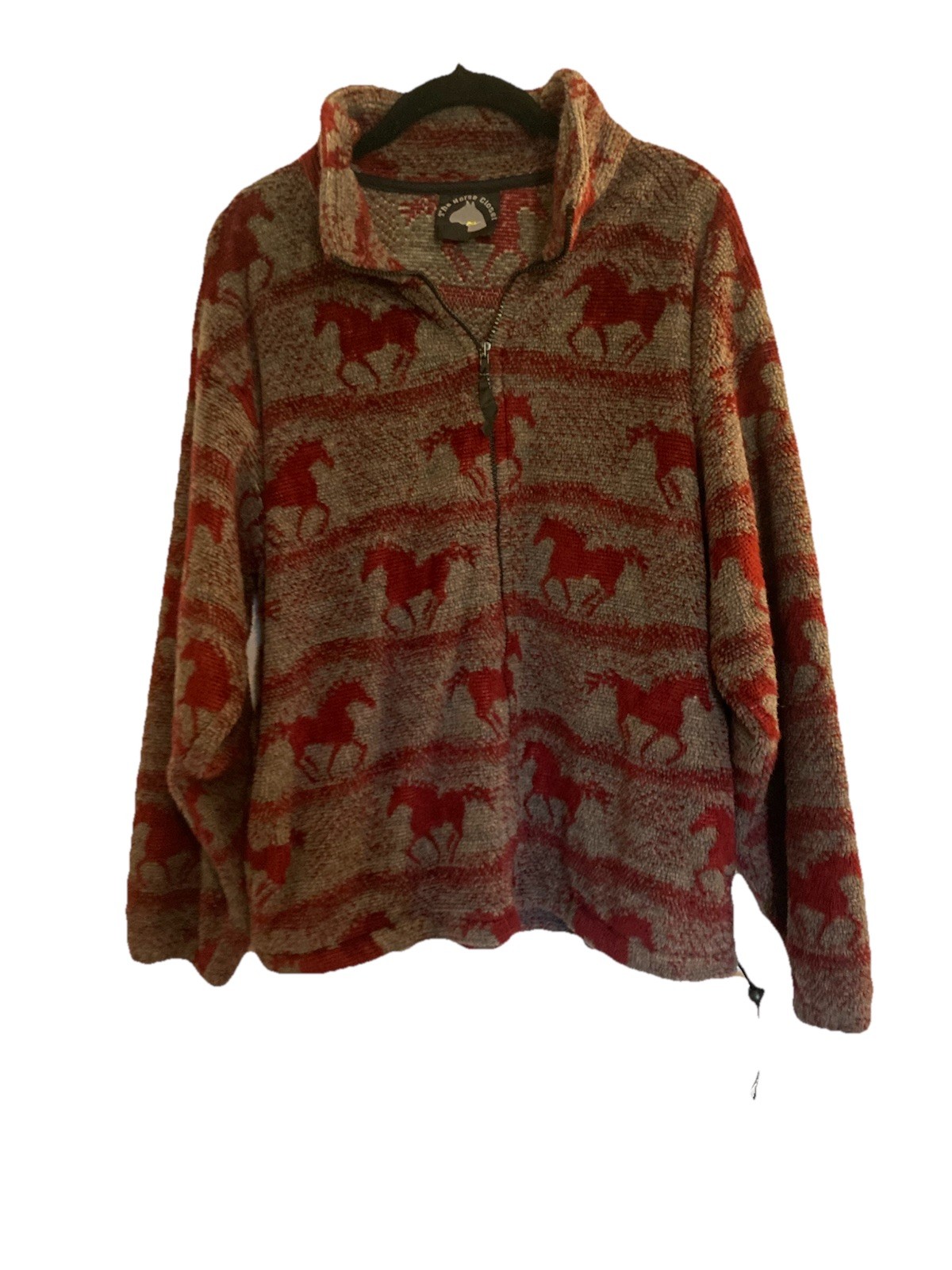 Giacca pile The Horse Closet stampa all over cavalli pony taglia M made USA grigio rosso
