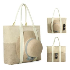 Large Beach Tote Bag with Zipper-Travel Tote Bag for Women with Sun Hat Holde...