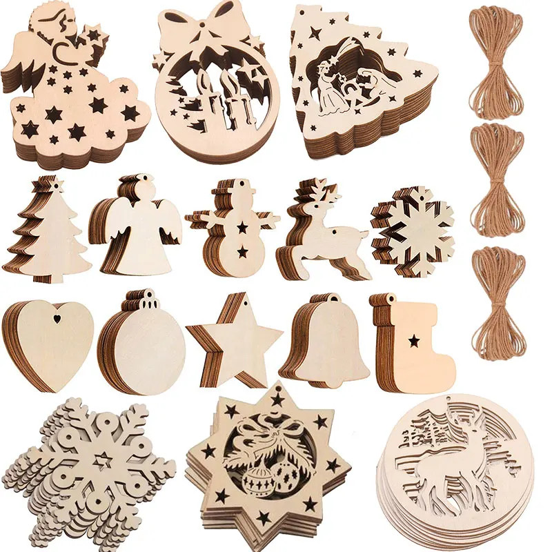 10pcs Wooden Christmas Ornaments Unfinished Snowflake Tree Slices with Jute Rope