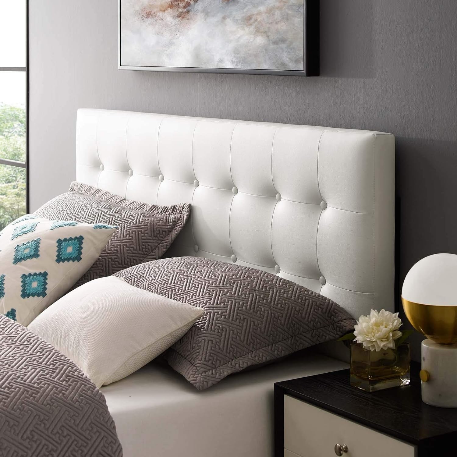 Modway Emily Tufted Button Faux Leather Upholstered Queen He