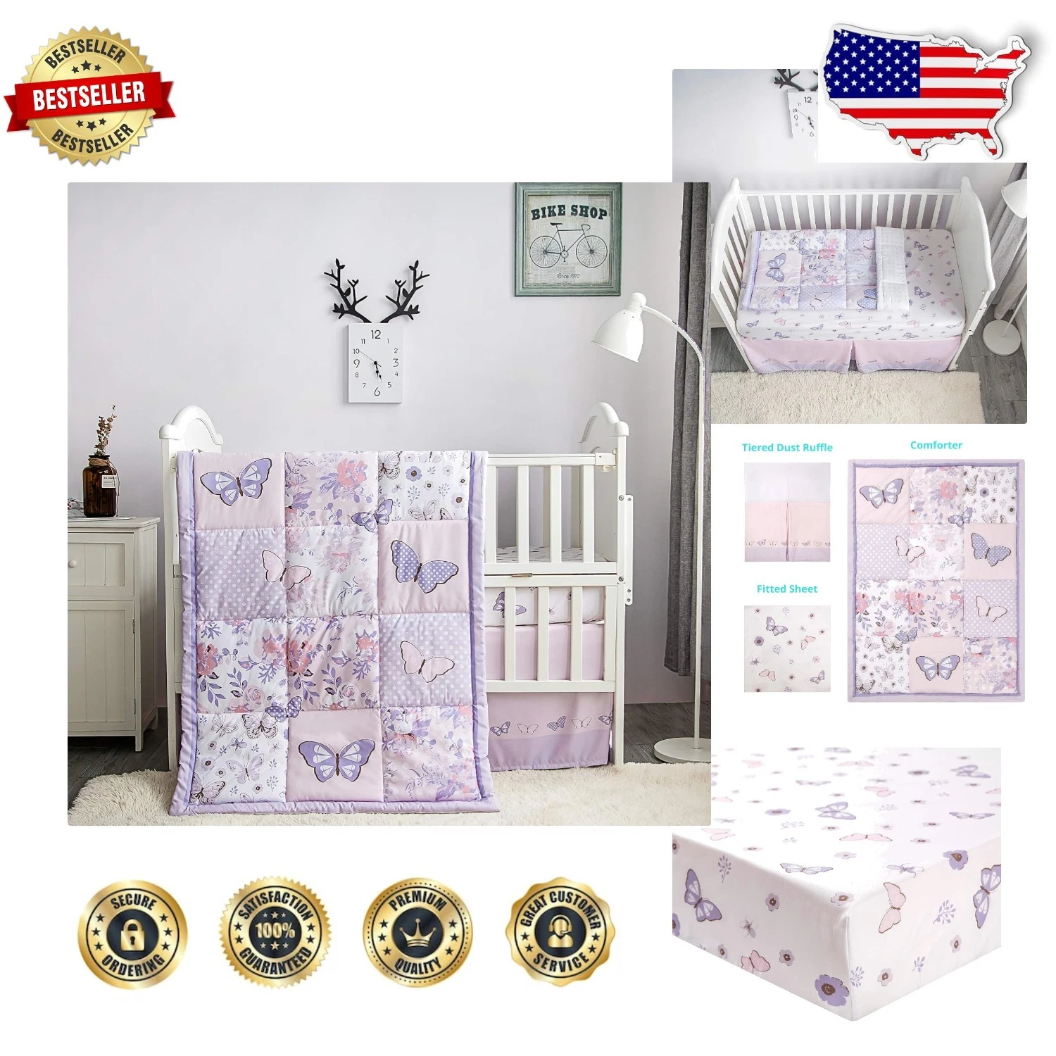 Shabby Chic Crib Bedding Set 3PC Girls Lilac Butterfly Floral Dust Ruffle