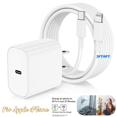 For iPhone 14 13 12 11 iPad 20W USB Type-C Wall Cube Block Fast Charger PD Cable