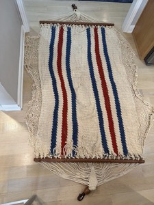 Vtg Rope Macrame Hammock Nantucket JFK Red & Blue Wooden Spreaders 51 x 88 In