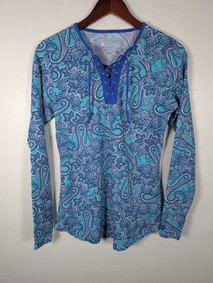 Coolibar Rash Guard Shirt Womens Small Blue Paisley Lace Up UPF 50+ Swim Top