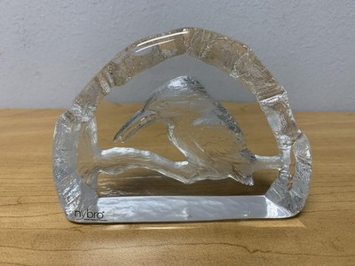Nybro Sweden Crystal Bird Ice Block Art Glass Paperweight Handmade Etched Figure