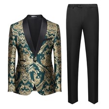 Men's Green Paisley Floral Blazer Slim Fit Formal Party Prom Tuxedo Wedding Suit