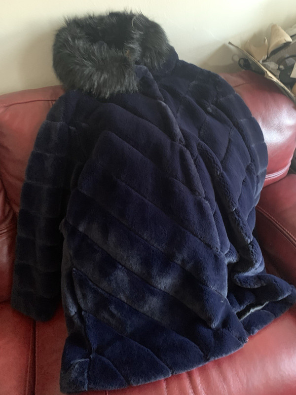 Calvin Klein Women's Navy Blue Mid-Length Faux Fur Coat Fur Trim Hood Lined L