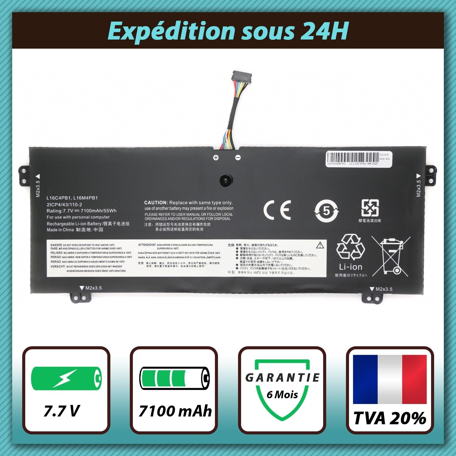 Batterie L16C4PB1 pour Lenovo Yoga 730-13IKB et 730-13IWL 7.7V 7100mAh