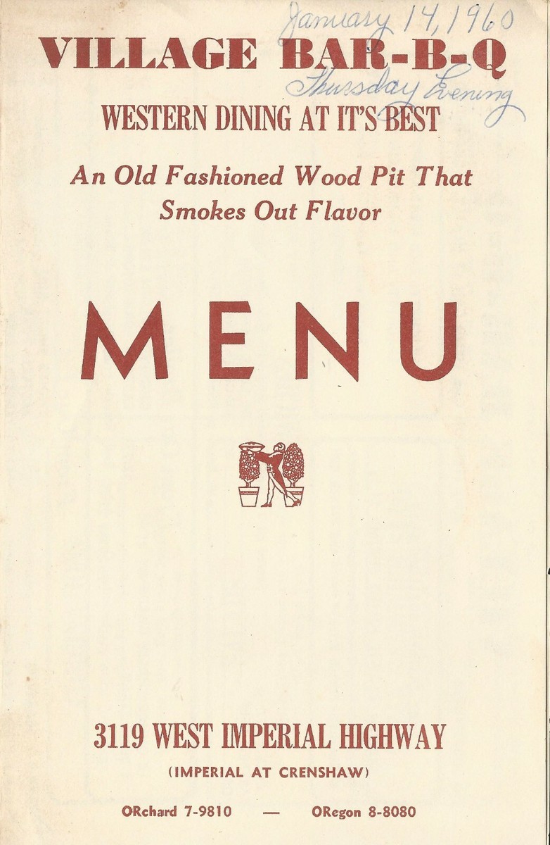 Vintage VILLAGE BAR-B-Q Restaurant Menu Inglewood California 1960