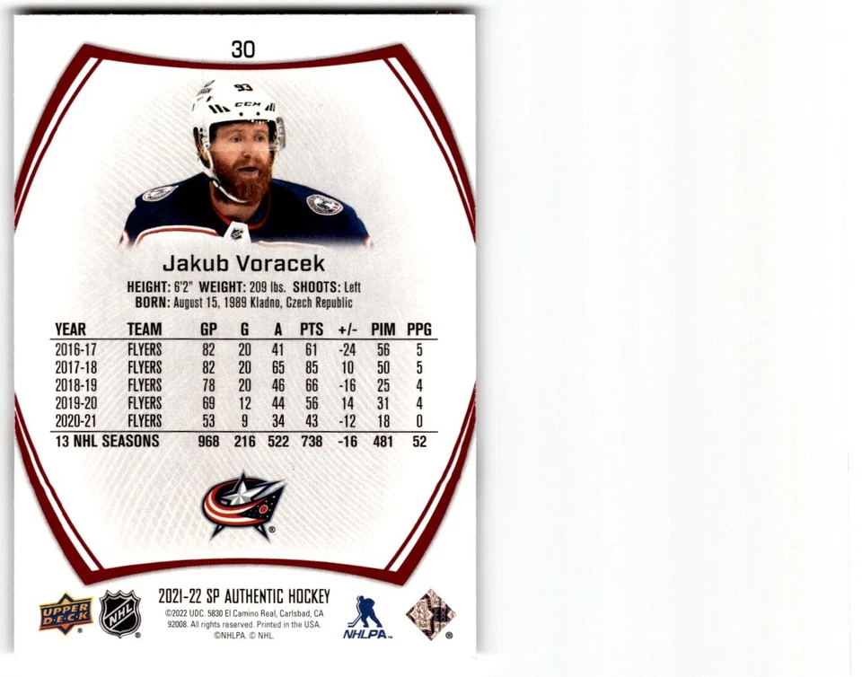 2021-22 SP Authentic Limited Red Jakub Voracek #30 - Image 2 of 2