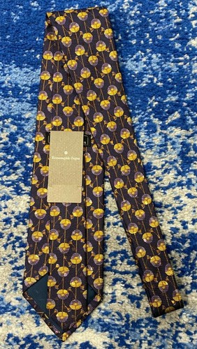 Ermenegildo Zegna Navy Purple Gold Brown Copper Rust Floral Polka Dot Necktie - Picture 3 of 6