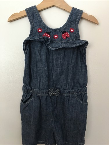 Gymboree Lady Bug Embroidered Chambray Romper Sz 4 Denim Elastic Waist FREE SHIP - Picture 2 of 7