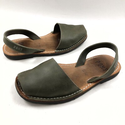 PONS AVARCAS Olive Green Leather Sandal Sz 7 /37 Flats Slides Spain Ankle Strap