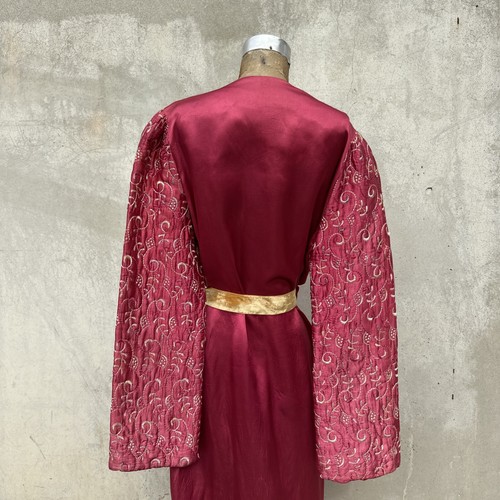 Vintage 1930s 1940s Red Wine Rayon Satin Robe Dress Heart Pocket Embroidered - Picture 7 of 11