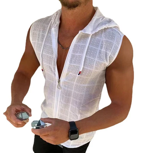 Mens Sleeveless Zip Up Hoodies Vest Solid Sport Gym Fitness Plaid Tank T Shirts - Picture 5 of 18