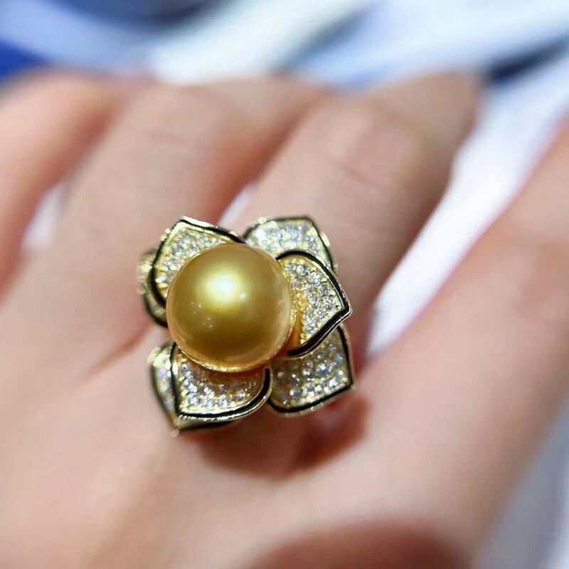 ENORME ANILLO DE PERLAS REDONDAS DORADAS 925S de diseñador AAAA+ 10-11 mm del Mar del Sur Foto 3 de 4