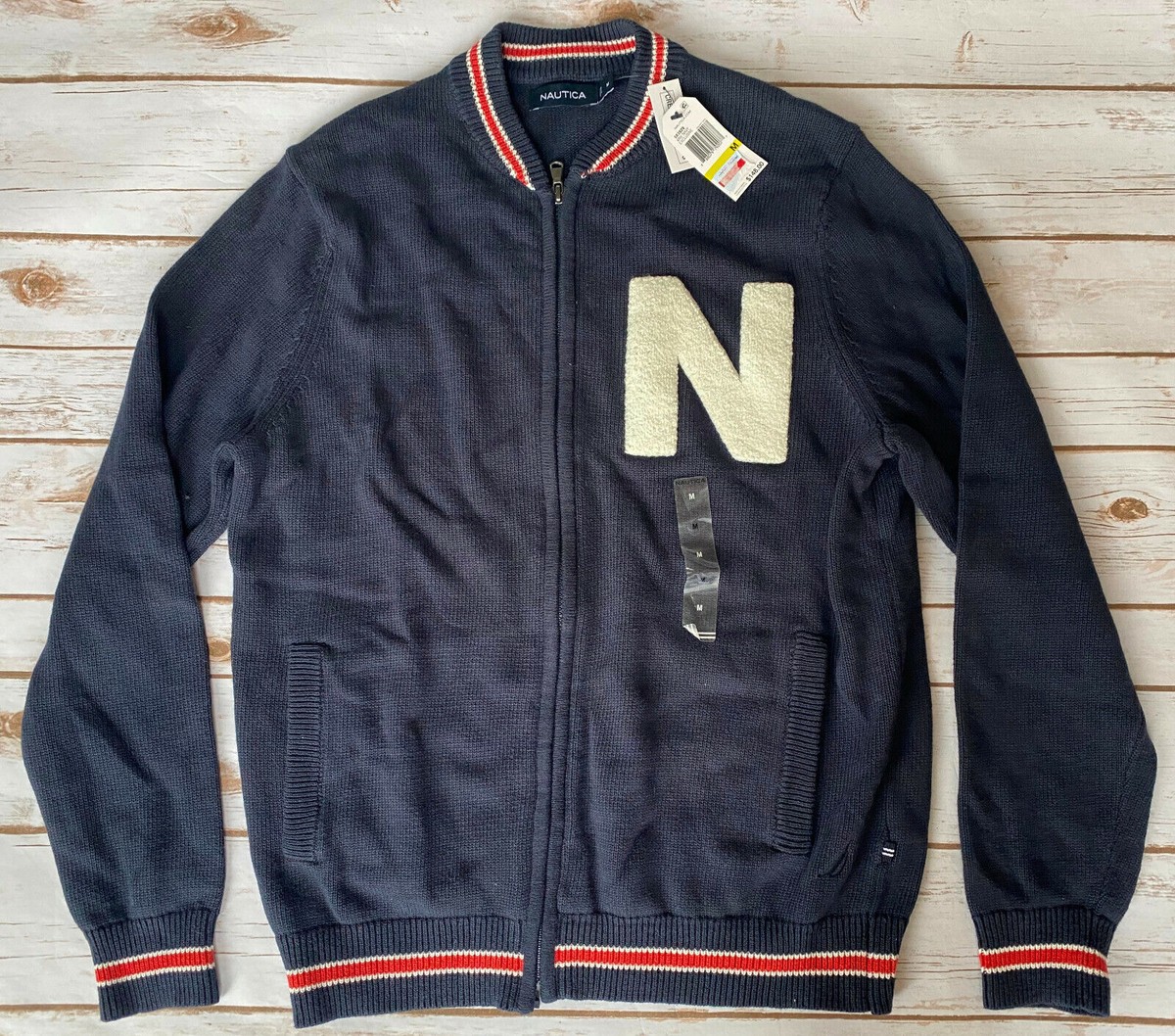 NAUTICA LOGO BASEBALL SWEATER VARSITY JACKET NAVY BLUE MENS MEDIUM