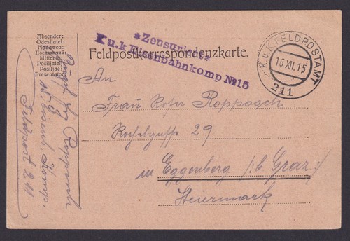 AUSTRIA 1916, Postcard to Graz, Fieldpost, Censored, Posted