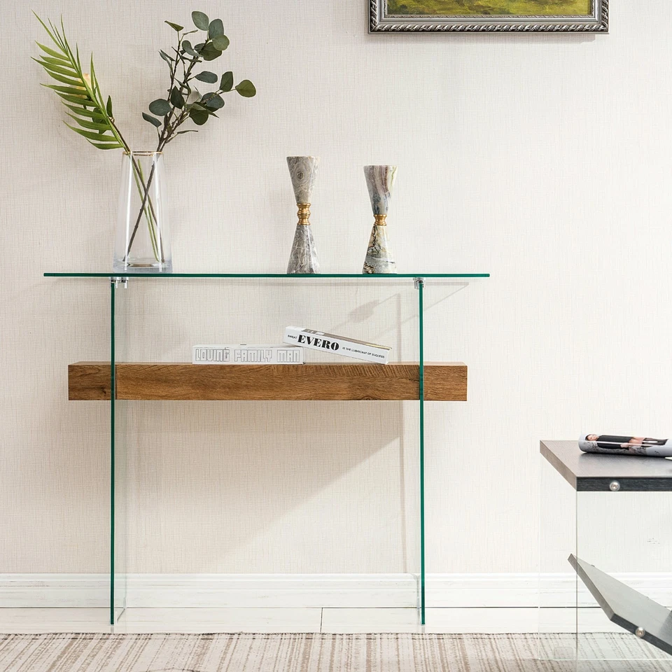 Ivinta Narrow Glass Console Table with Wood Storage Shelf Enterway Sofa Table - Image 2 of 4