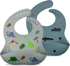 Silicone Baby Bibs,Set of 2 - Waterproof,Adjustable with Deep Pocket Food Catche