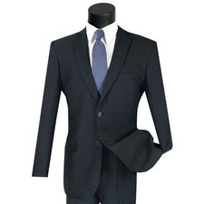 LUCCI Men's Navy Blue 2-Button Slim-Fit Poplin Polyester Suit, 34S-52L - NEW