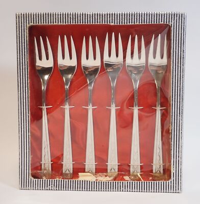 Vintage original Auerhahn Set mit 6 Kuchengabeln seltener Dekor 18/8 Edelstahl