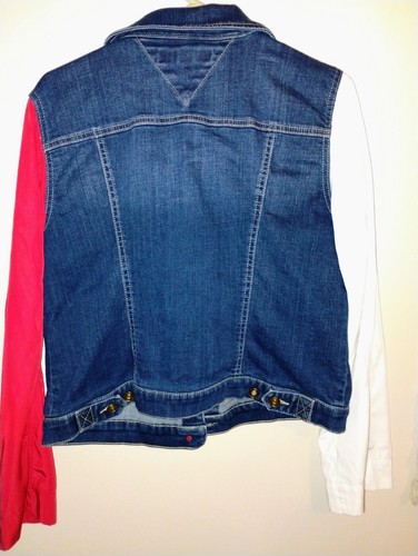 Womens Tommy Hilfiger Large Red White & Blue Jean Jacket Silky Sleeves Botton Up - Picture 2 of 4