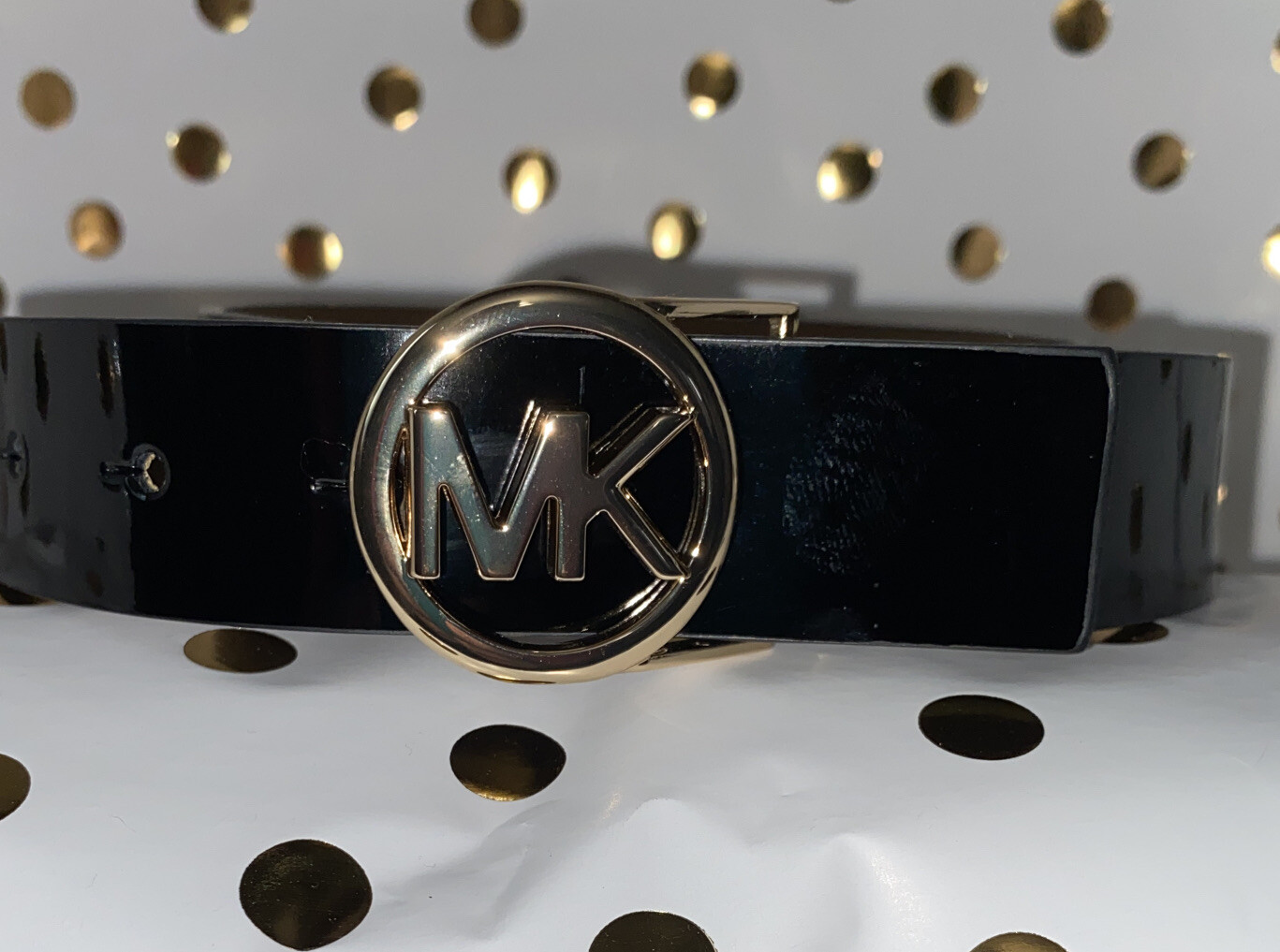 MICHAEL KORS BELT BLACK GLOSS LEATHER GOLD LOGO BUCKLE KORS STYLE!!! eBay