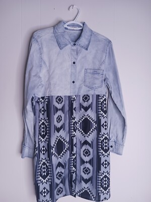 Crazy Train Aztec Denim Long Sleeve Button Up Dress Women's Size M