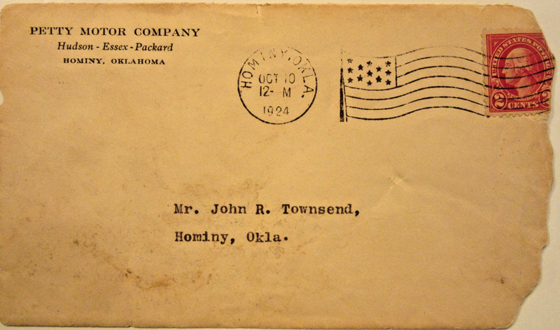 1924 HUDSON - ESSEX - PACKARD dealer in HOMINY, OK 3 5/8" x 6 1/4" envelop. USED