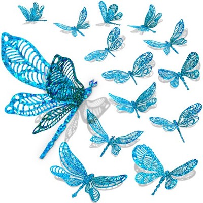60 Pcs 3D Iridescent Cyan Dragonfly Wall Decor, Holographic Dragonfly Decorat...