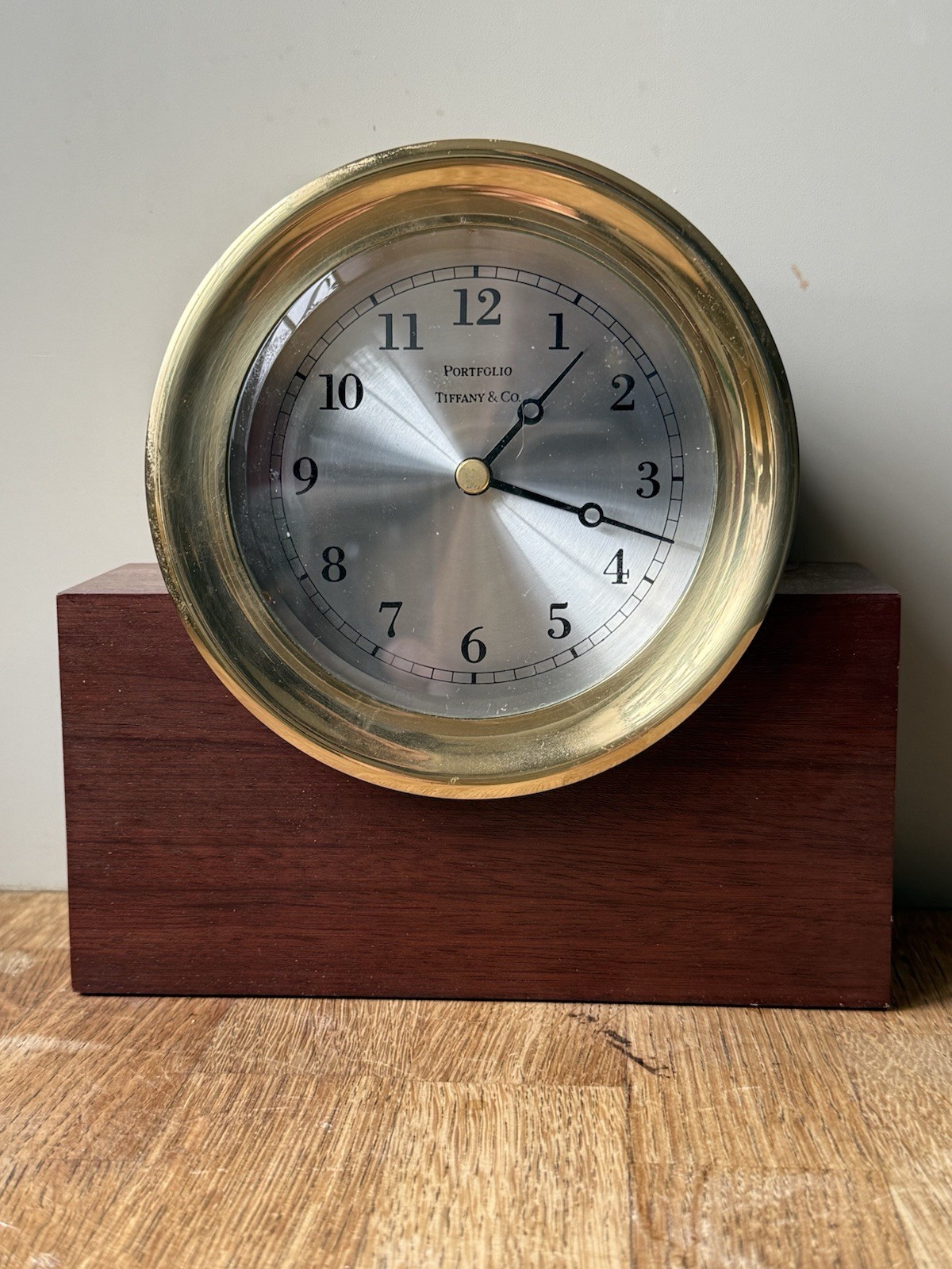 Tiffany & Co. 5" Brass Ships Clock on Wood Base, c1980's Portfolio Quartz Mvmt