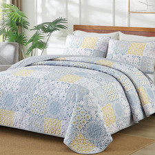 Queen Quilt Set 3 Pieces, Blue/Yellow/Grey Patchwork Bedspreads, Boho Summer Cov