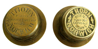 2 Vintage brass carriage wheel hubs Thorn Norwich.