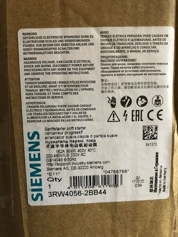3RW4056-2BB44 New Siemens Soft Starter 162A 90kW 200-460V 230V 3RW4056-2BB44