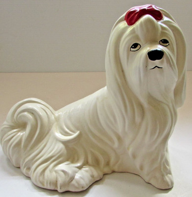 9 1/2'' TALL LHASA APSO DOG CERAMIC FIGURINE WHITE W/ RED BOW EUC