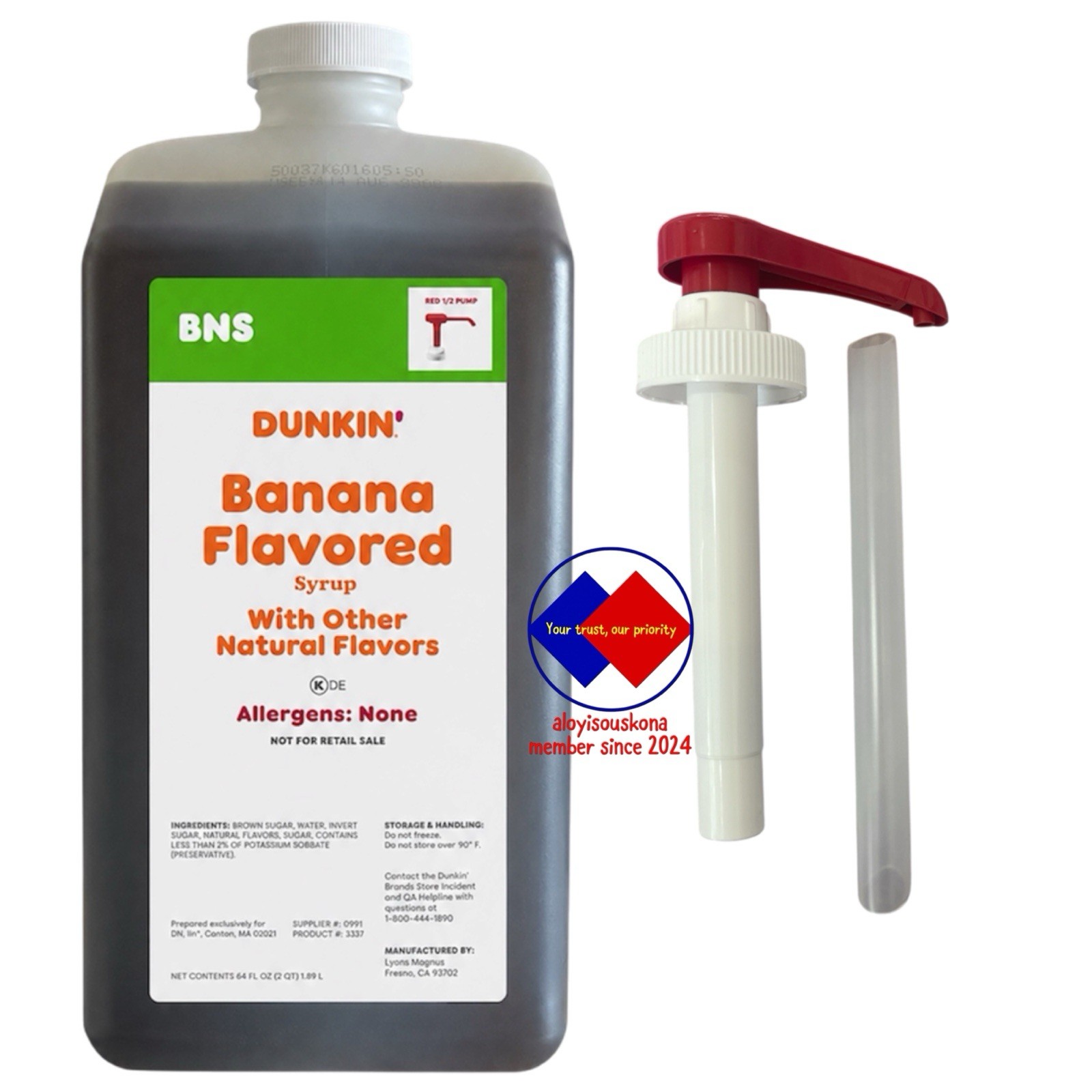 Dunkin' Banana Flavored Syrup 64OZ Jug With Pump With Other Natural Flavors.