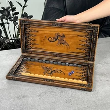 Wood Backgammon Set Dragon, Tabletop Game Board, Friend&Family Gift, Size 18,1"