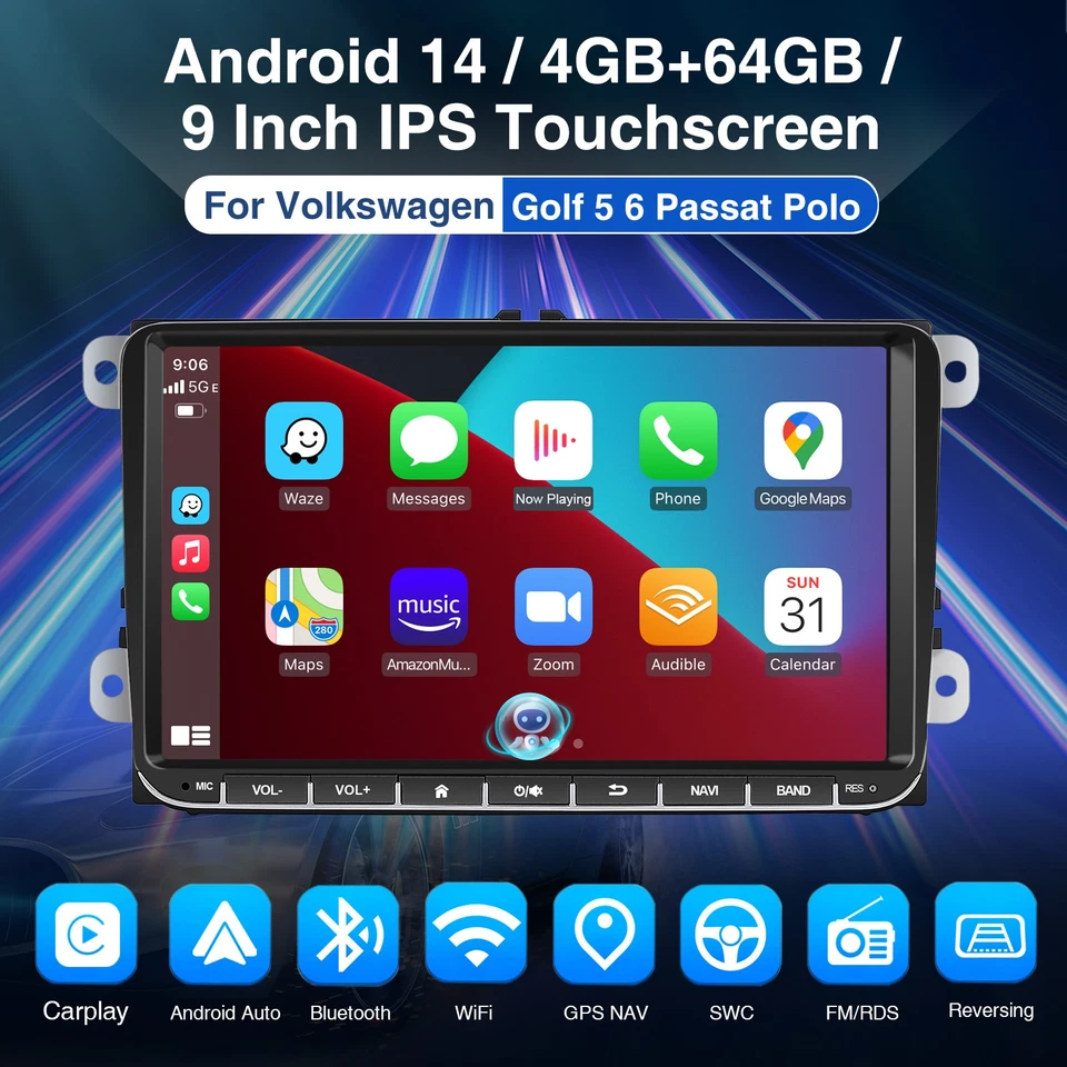 9" Autoradio Carplay Android 14 Pour VW Touran GOLF 5 6 Plus Tiguan Caddy Passat - Photo 2/4